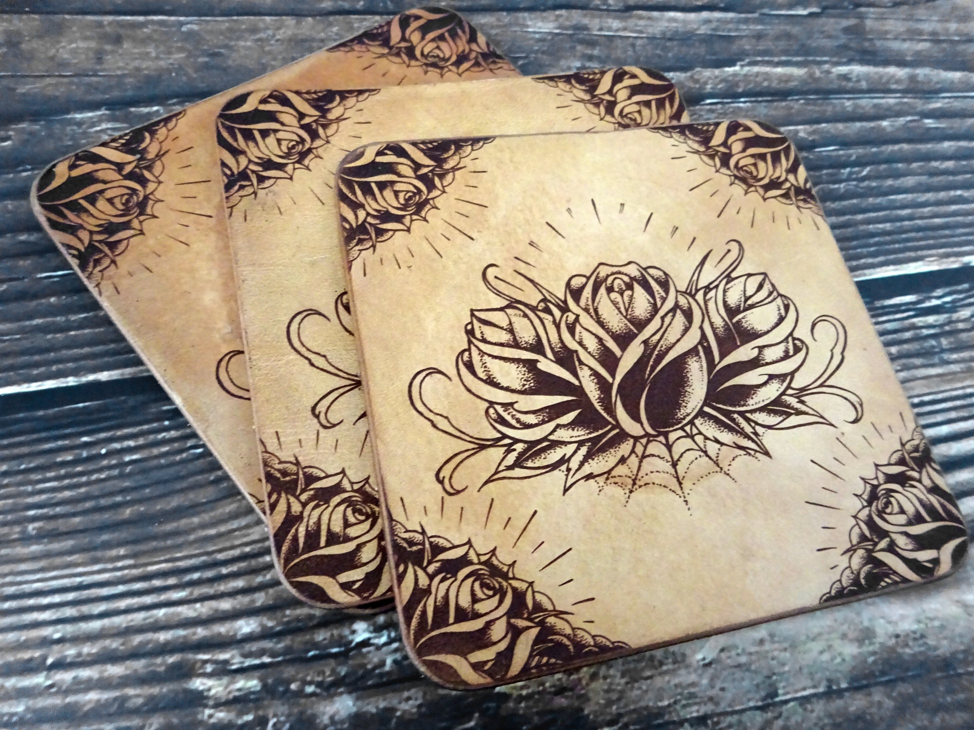 Leather Coaster, Tattoo Rose