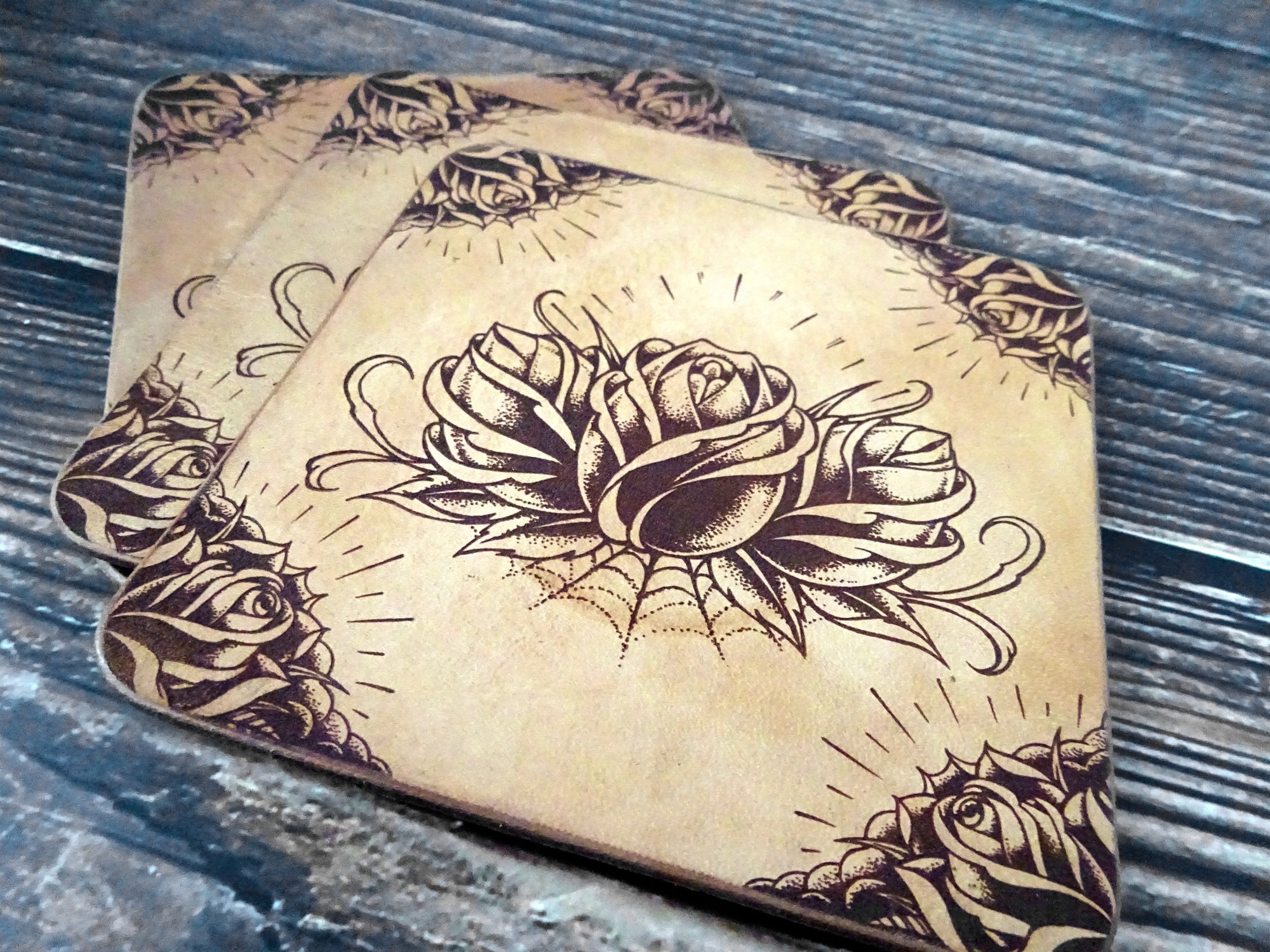 Leather Coaster, Tattoo Rose