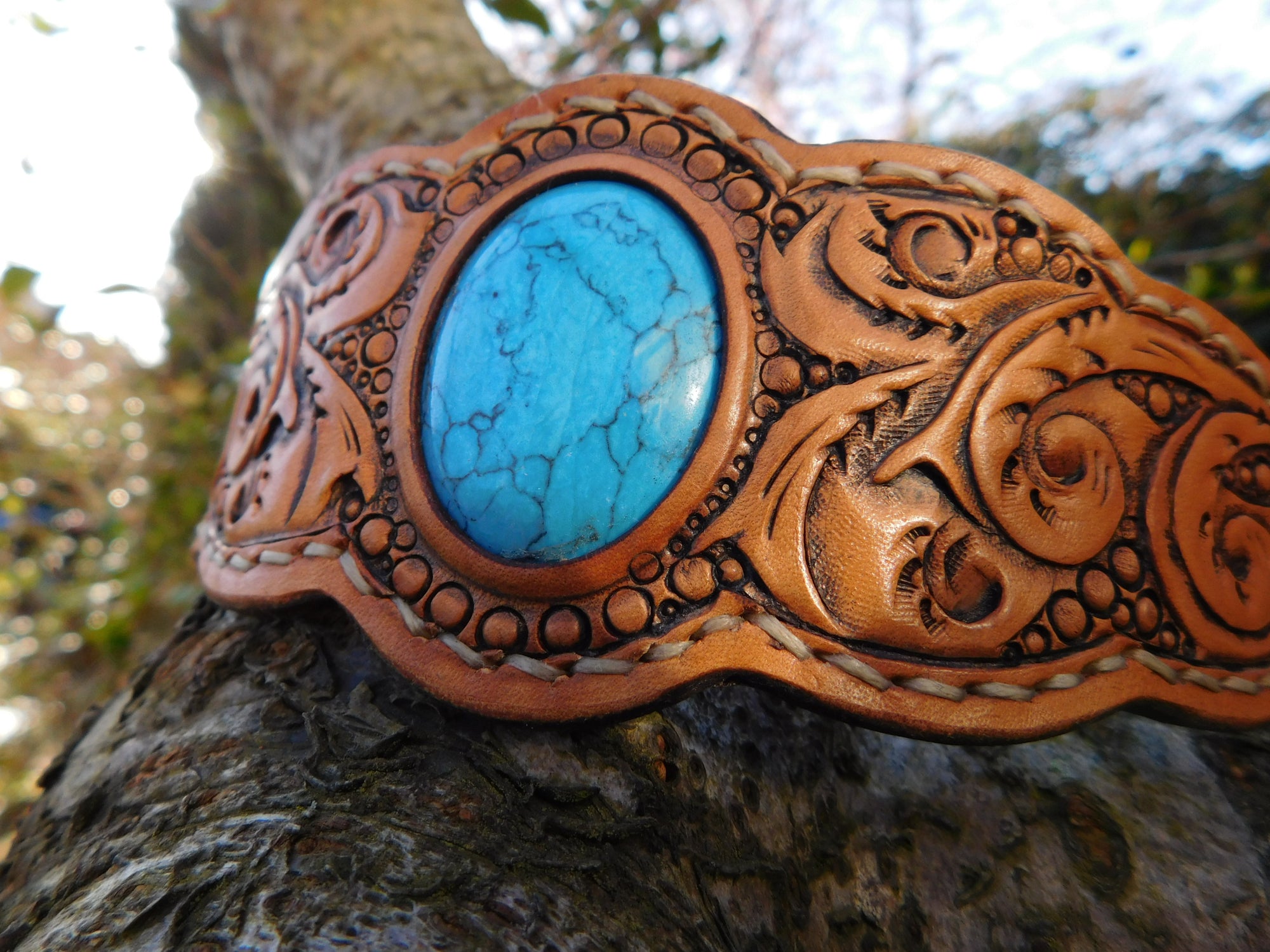 Leather Gemstone Bracelet, Floral Vines