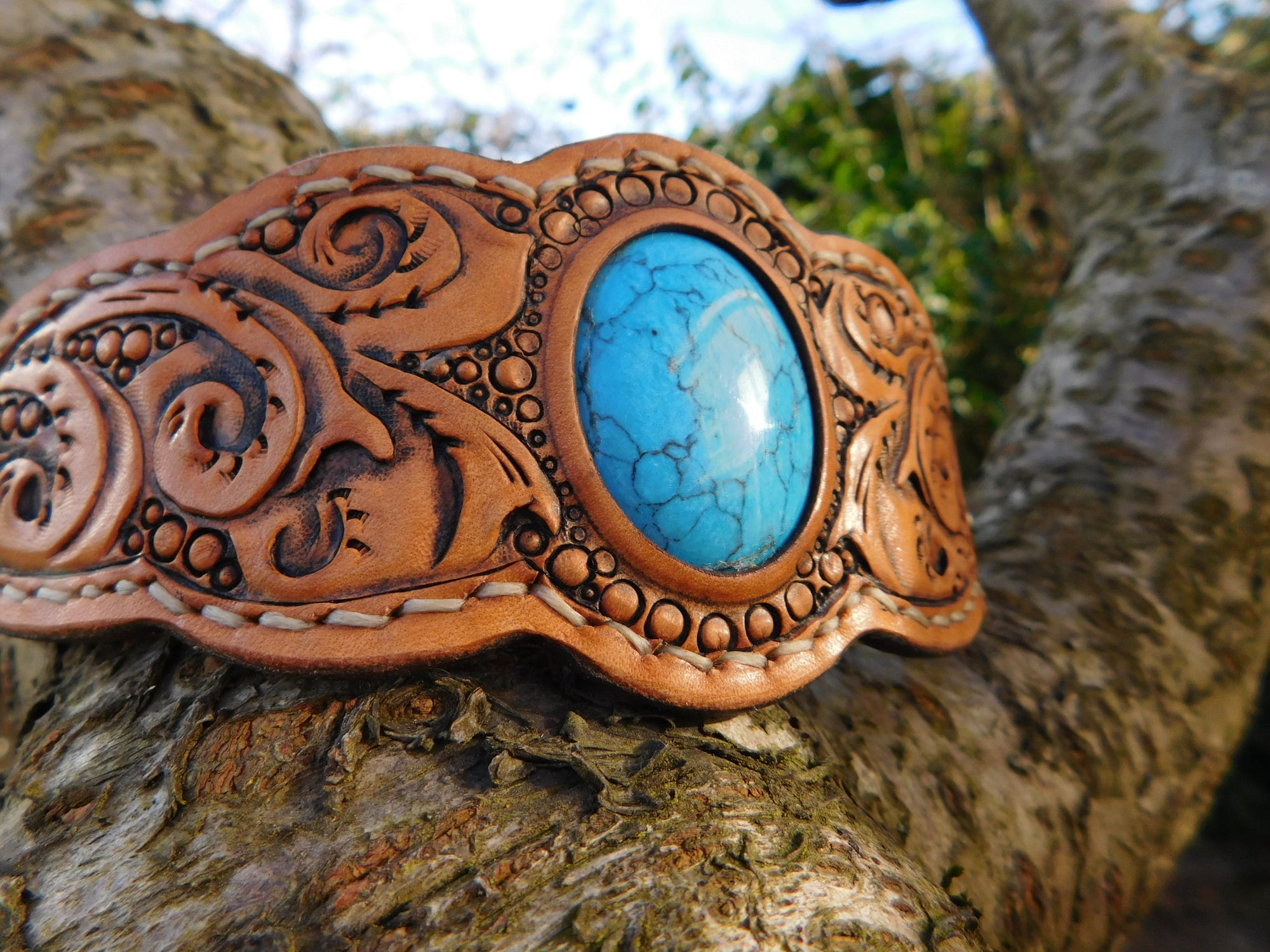 Leather Gemstone Bracelet, Floral Vines