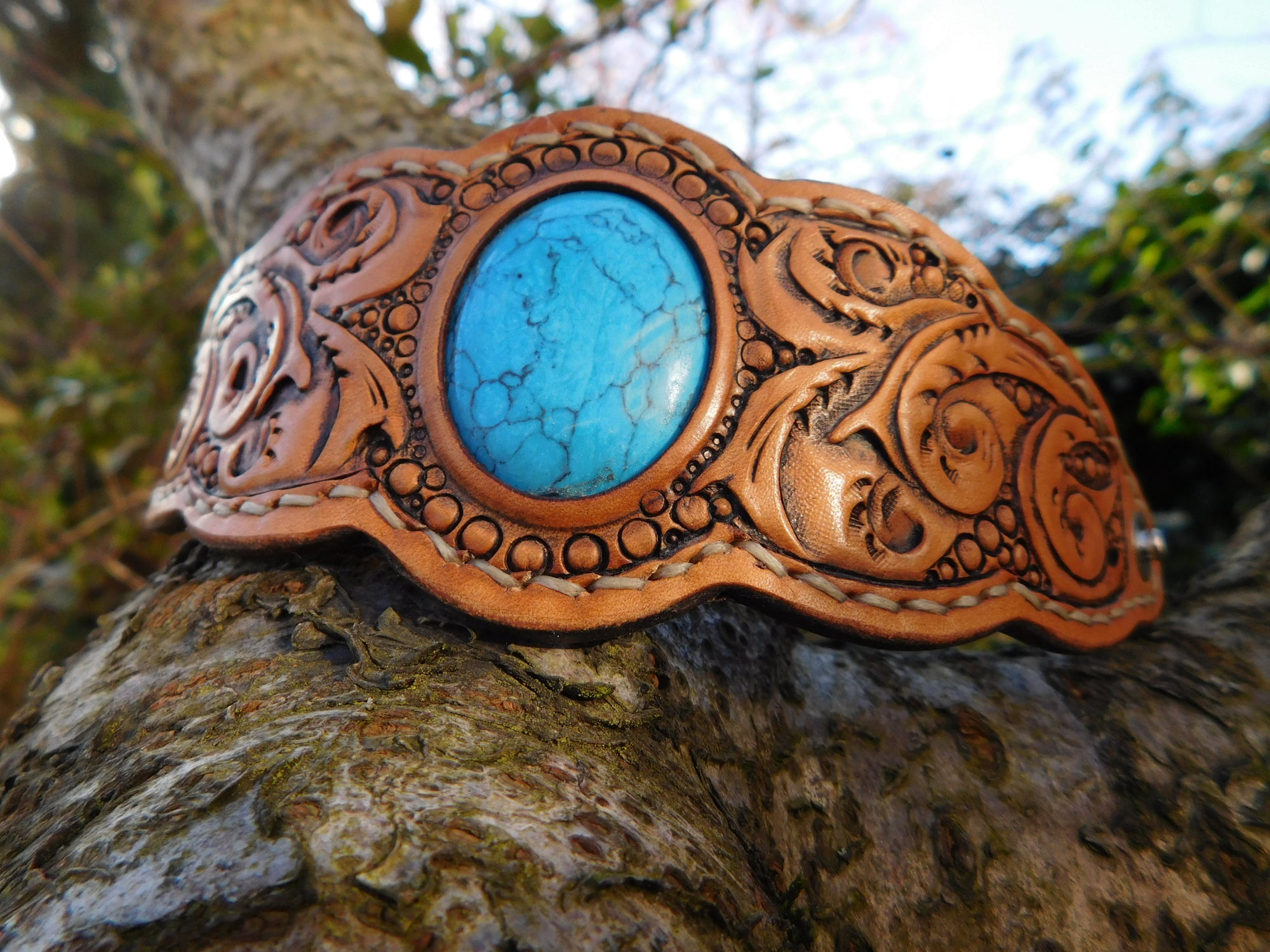 Leather Gemstone Bracelet, Floral Vines